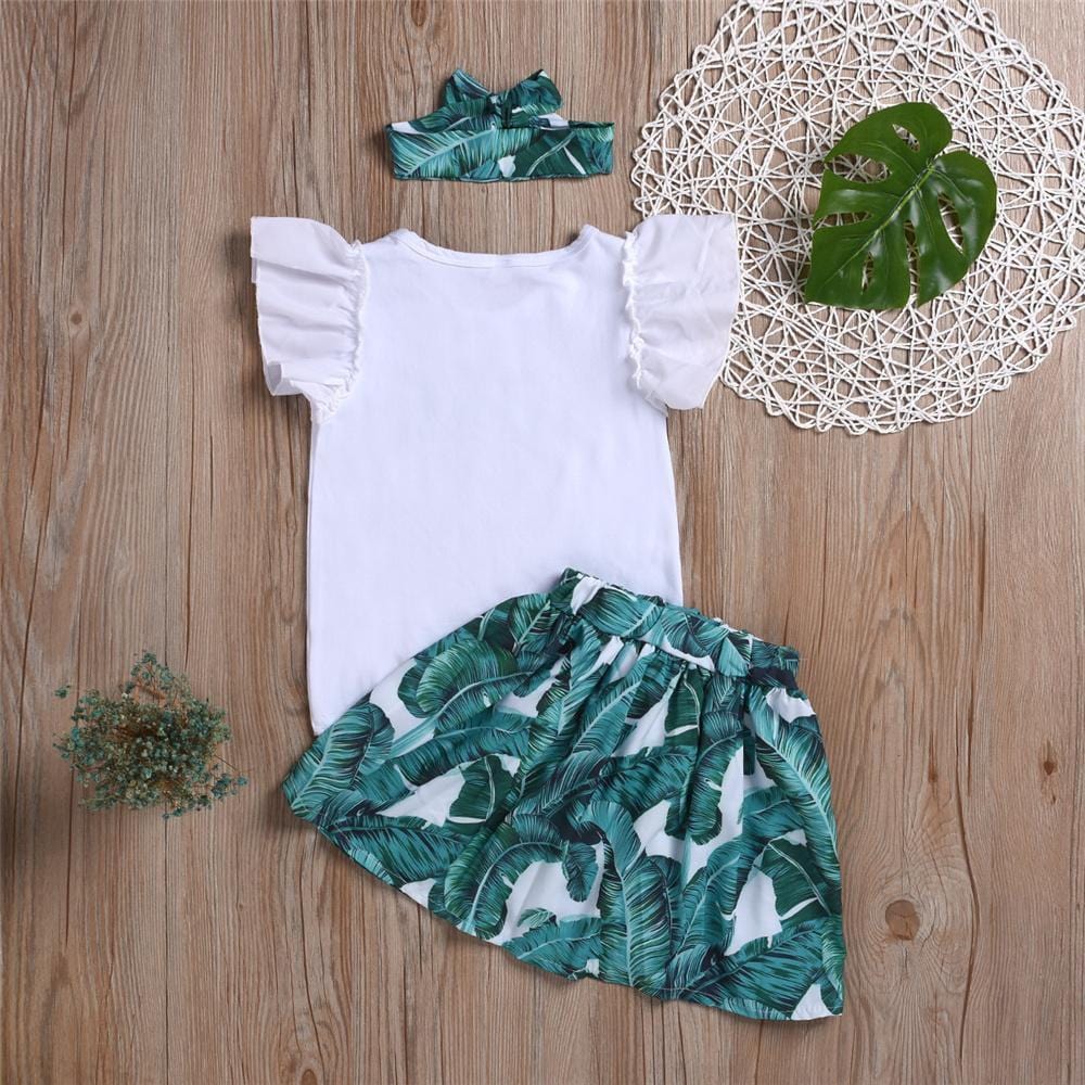 Girls Love Green Leaves Printed Short Sleeve Top & Skirt & Headband Urban Kids Clothes Wholesale - PrettyKid