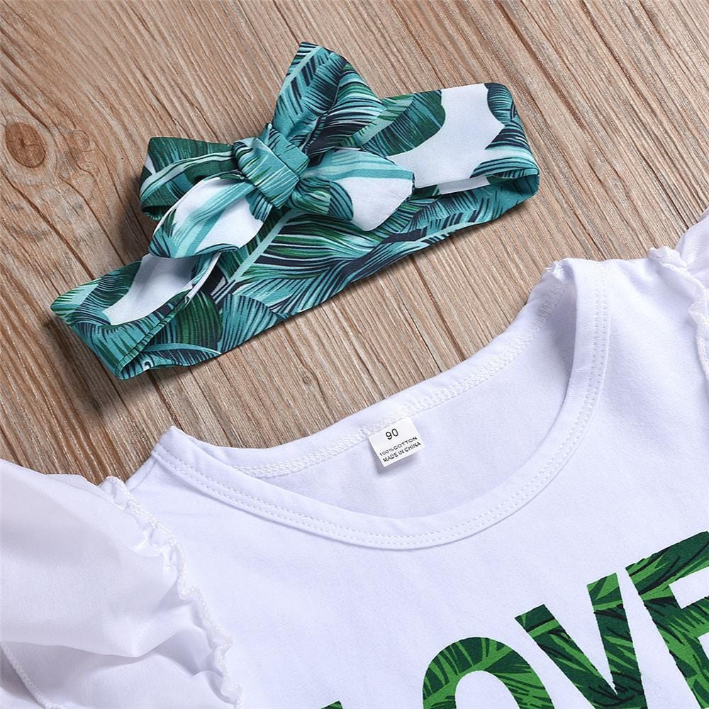 Girls Love Green Leaves Printed Short Sleeve Top & Skirt & Headband Urban Kids Clothes Wholesale - PrettyKid