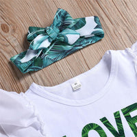 Girls Love Green Leaves Printed Short Sleeve Top & Skirt & Headband Urban Kids Clothes Wholesale - PrettyKid