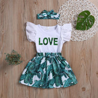 Girls Love Green Leaves Printed Short Sleeve Top & Skirt & Headband Urban Kids Clothes Wholesale - PrettyKid