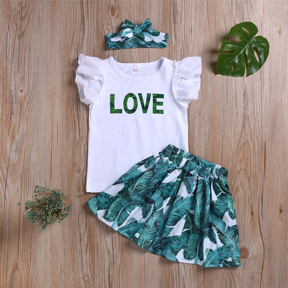 Girls Love Green Leaves Printed Short Sleeve Top & Skirt & Headband Urban Kids Clothes Wholesale - PrettyKid