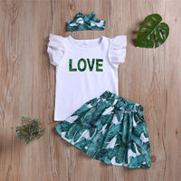 Girls Love Green Leaves Printed Short Sleeve Top & Skirt & Headband Urban Kids Clothes Wholesale - PrettyKid