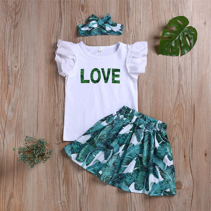 Girls Love Green Leaves Printed Short Sleeve Top & Skirt & Headband Urban Kids Clothes Wholesale - PrettyKid
