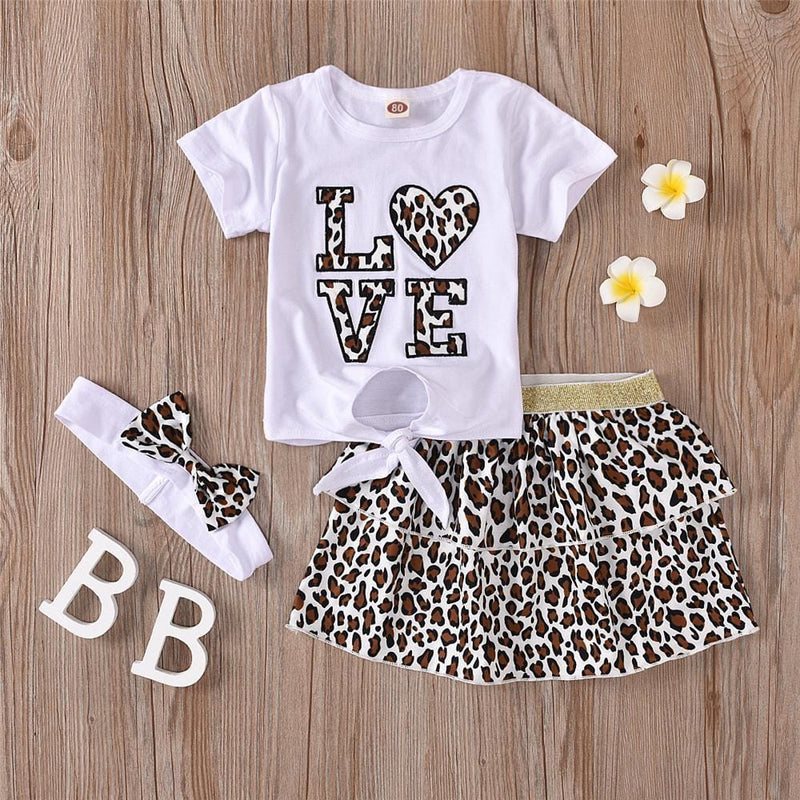 Girls Love Leopard Printed Short Sleeve Top & Skirt & Headband Wholesale Girl Clothing - PrettyKid