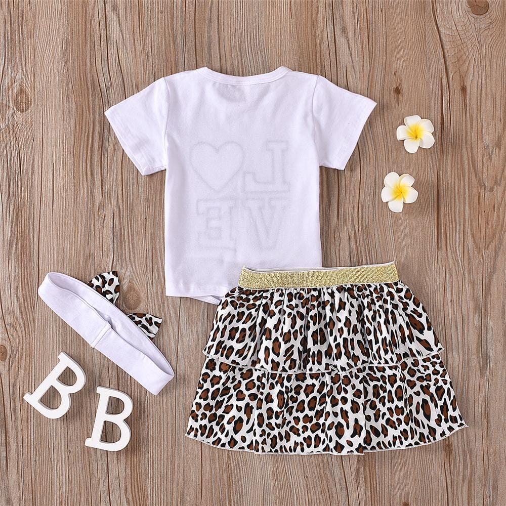 Girls Love Leopard Printed Short Sleeve Top & Skirt & Headband Wholesale Girl Clothing - PrettyKid