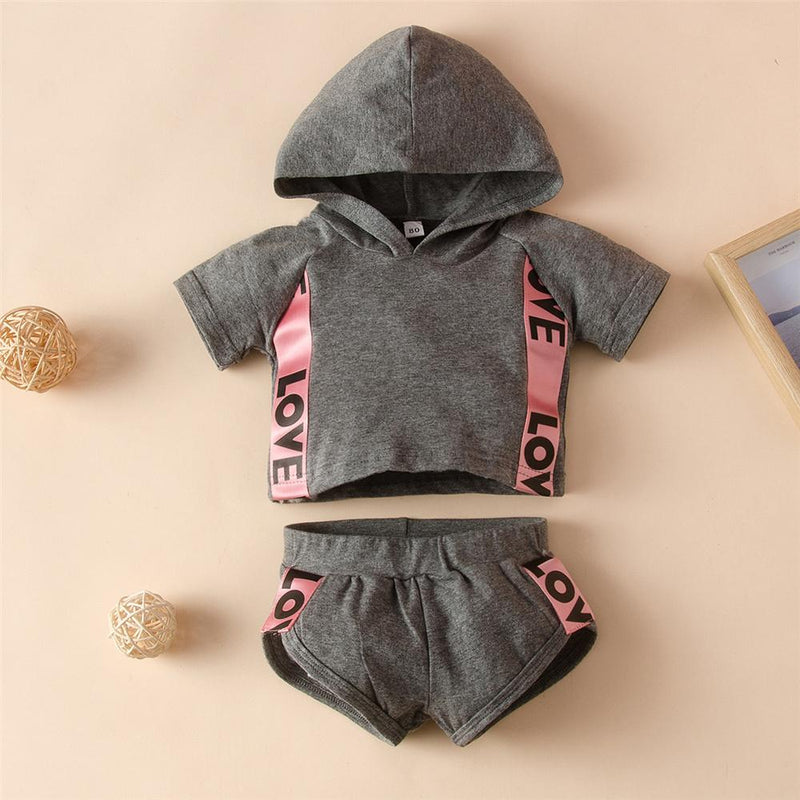 Girls Love Printed Short Sleeve Hooded Top & Shorts Trendy Kids Wholesale clothes - PrettyKid