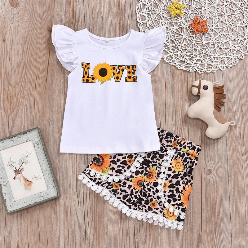 Girls Love Sunflower Printed Short Sleeve Tops & Leopard Shirts Kids Wear Wholesale - PrettyKid