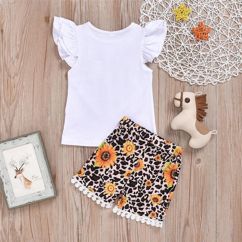 Girls Love Sunflower Printed Short Sleeve Tops & Leopard Shirts Kids Wear Wholesale - PrettyKid