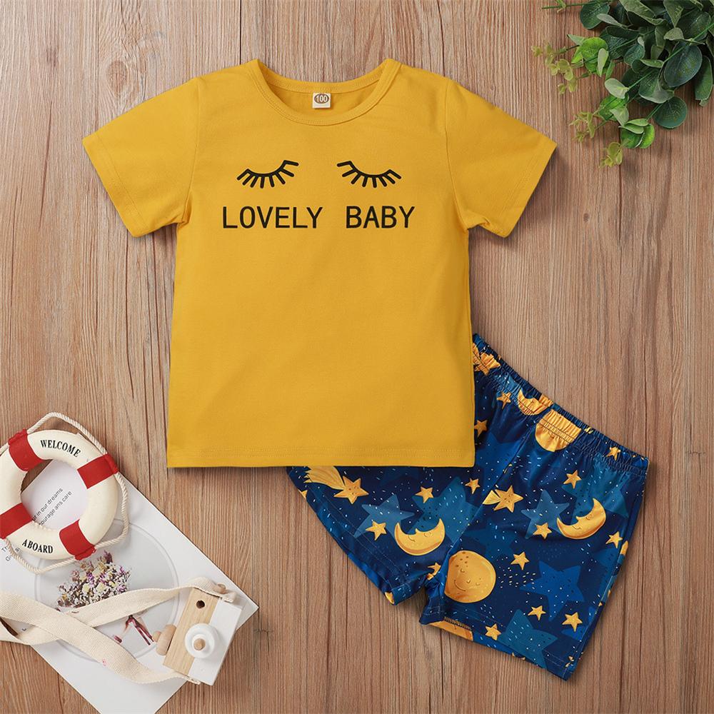 Toddler Unisex Lovely Baby Eyelash Printed Short Sleeve Top & Shorts Kids Wholesale clothes - PrettyKid
