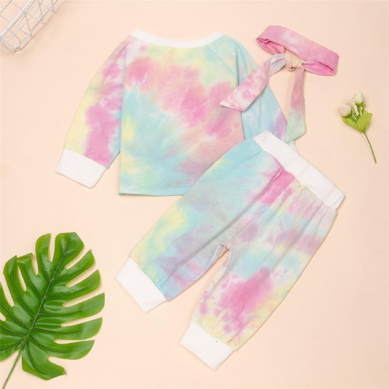 Baby Lovely Girls Printed Tie Dye Long Sleeve Top & Pants & Headband Baby Clothes Cheap Wholesale - PrettyKid