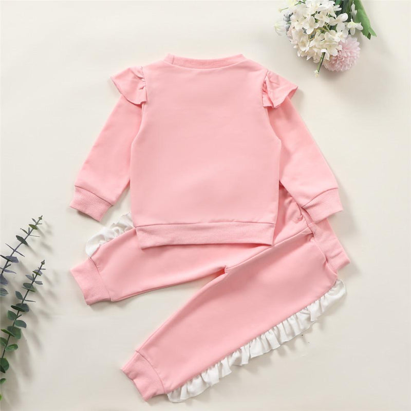 Baby Girls Lovely Letter Printed Ruffled Long-Sleeve Top & Pants Baby Clothes Cheap Wholesale - PrettyKid