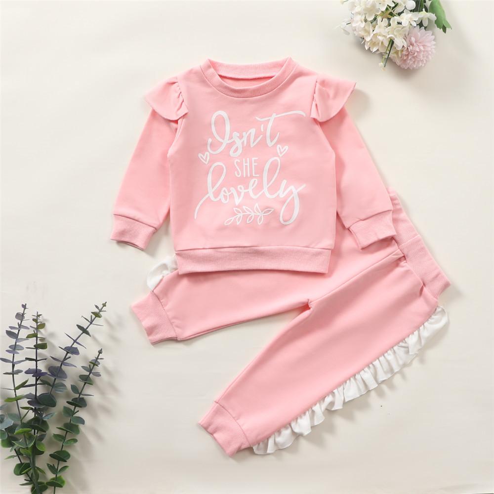 Baby Girls Lovely Letter Printed Ruffled Long-Sleeve Top & Pants Baby Clothes Cheap Wholesale - PrettyKid