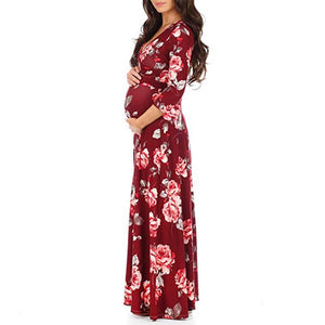 COTTNBABY Maternity V-neck Floral full print Longline X Long-sleeve Dress - PrettyKid