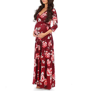 COTTNBABY Maternity V-neck Floral full print Longline X Long-sleeve Dress - PrettyKid