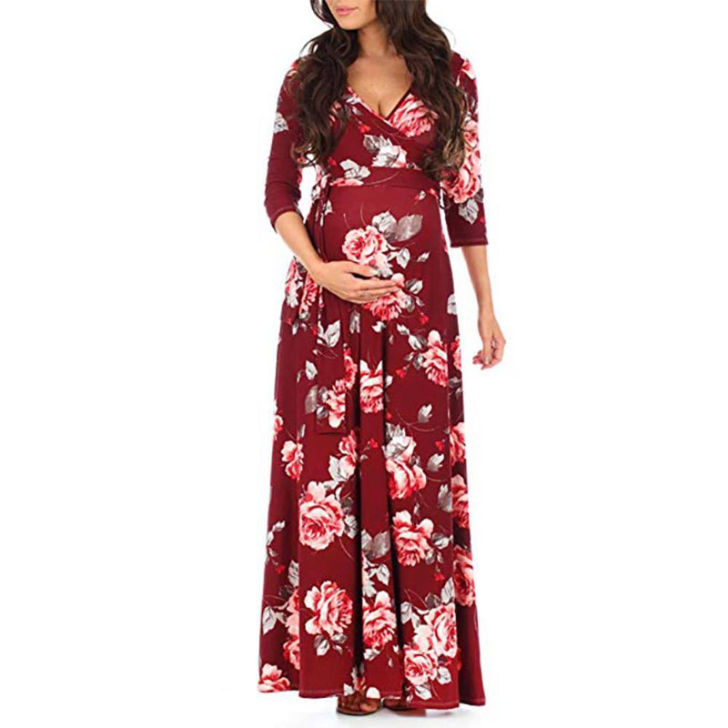 COTTNBABY Maternity V-neck Floral full print Longline X Long-sleeve Dress - PrettyKid