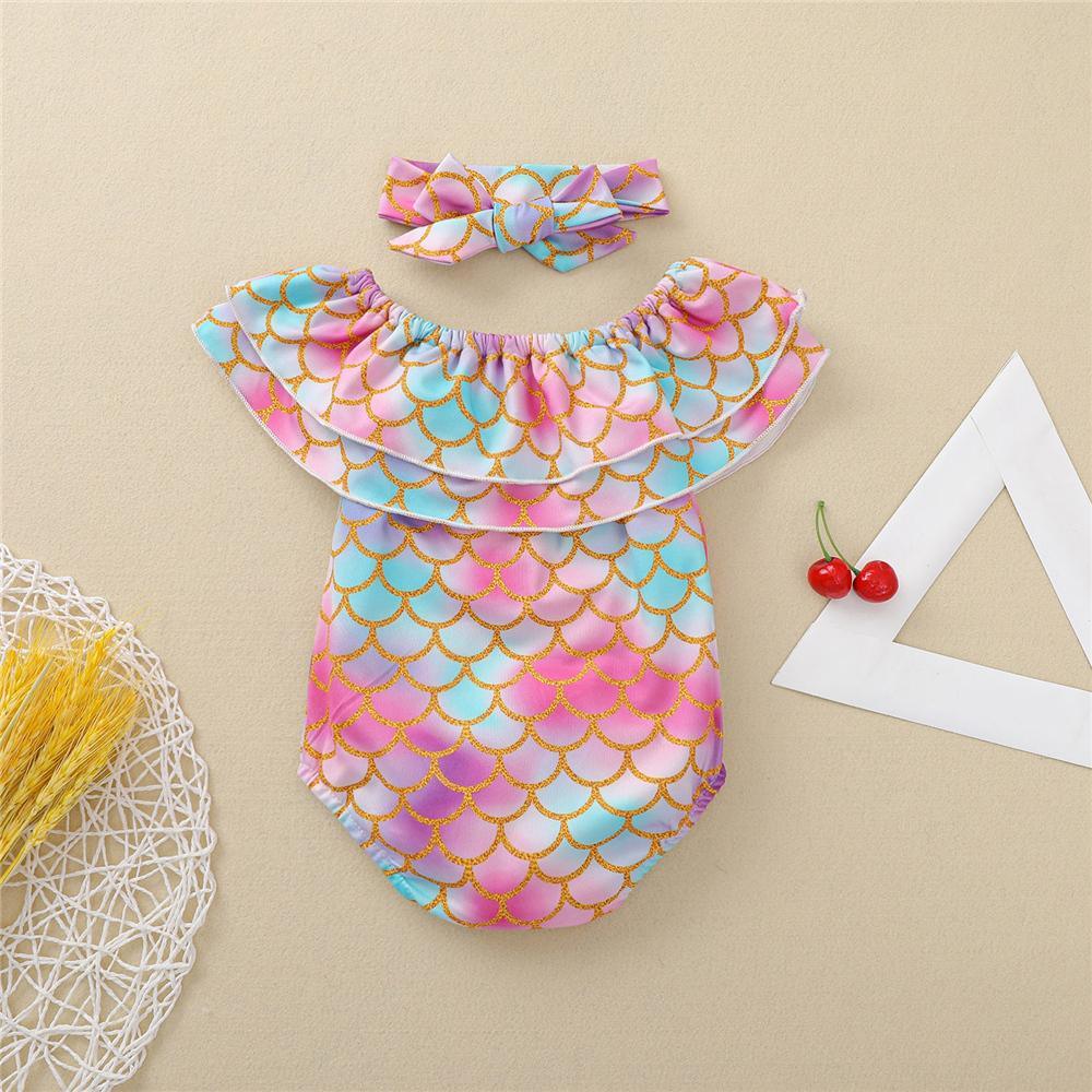 Baby Girls Mermaid Lotus Leaf Collar Romper & Headband baby wholesale kids leggings - PrettyKid