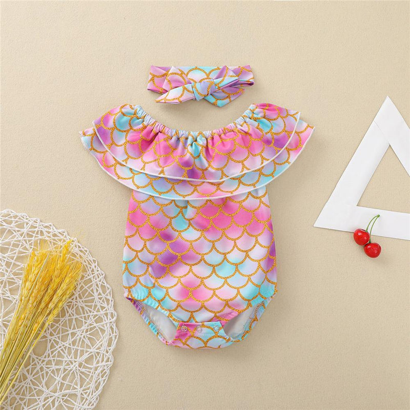 Baby Girls Mermaid Lotus Leaf Collar Romper & Headband baby wholesale kids leggings - PrettyKid