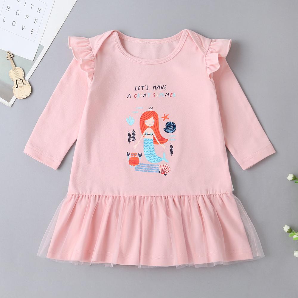 Baby Girls Mermaid Print Cute Solid Long Sleeve Tulle Dress - PrettyKid
