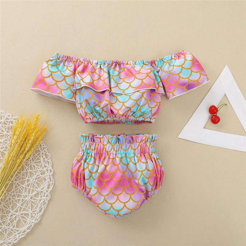 Baby Girls Mermaid Short Sleeve Off Shoulder Top & Shorts wholesale kids shorts - PrettyKid