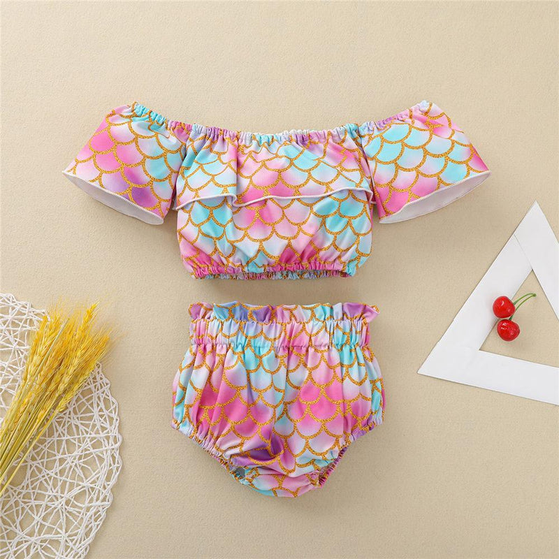Baby Girls Mermaid Short Sleeve Off Shoulder Top & Shorts wholesale kids shorts - PrettyKid