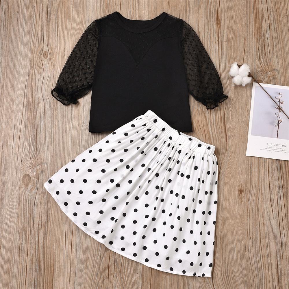 Girls Mesh Long Sleeve Solid Top & Polka Dot Skirt Girls Clothing Wholesalers - PrettyKid