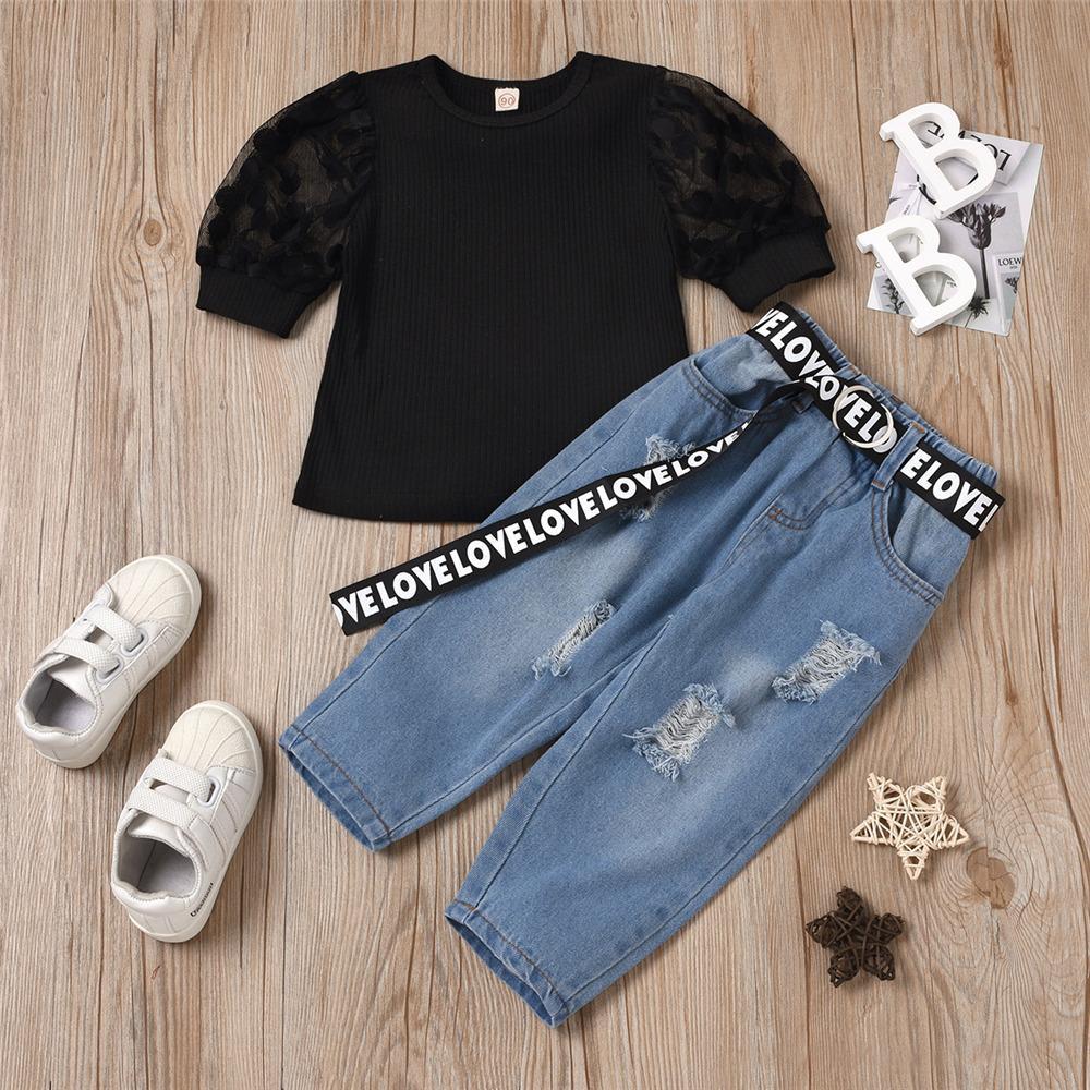Girls Mesh Short Sleeve Solid Top & Ripped Jeans Wholesale Girl Boutique clothes - PrettyKid