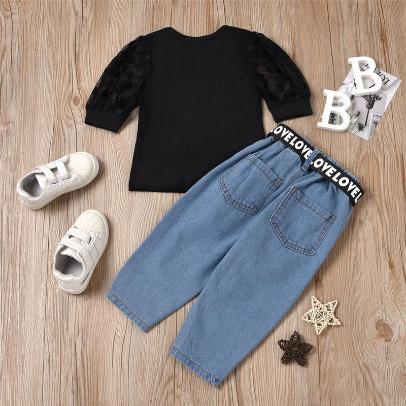 Girls Mesh Short Sleeve Solid Top & Ripped Jeans Wholesale Girl Boutique clothes - PrettyKid