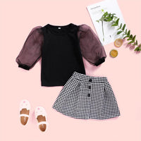 Girls Mesh Sleeve Splice Crew Neck T-shirt & Plaid Skirt Girls Clothing Wholesale - PrettyKid