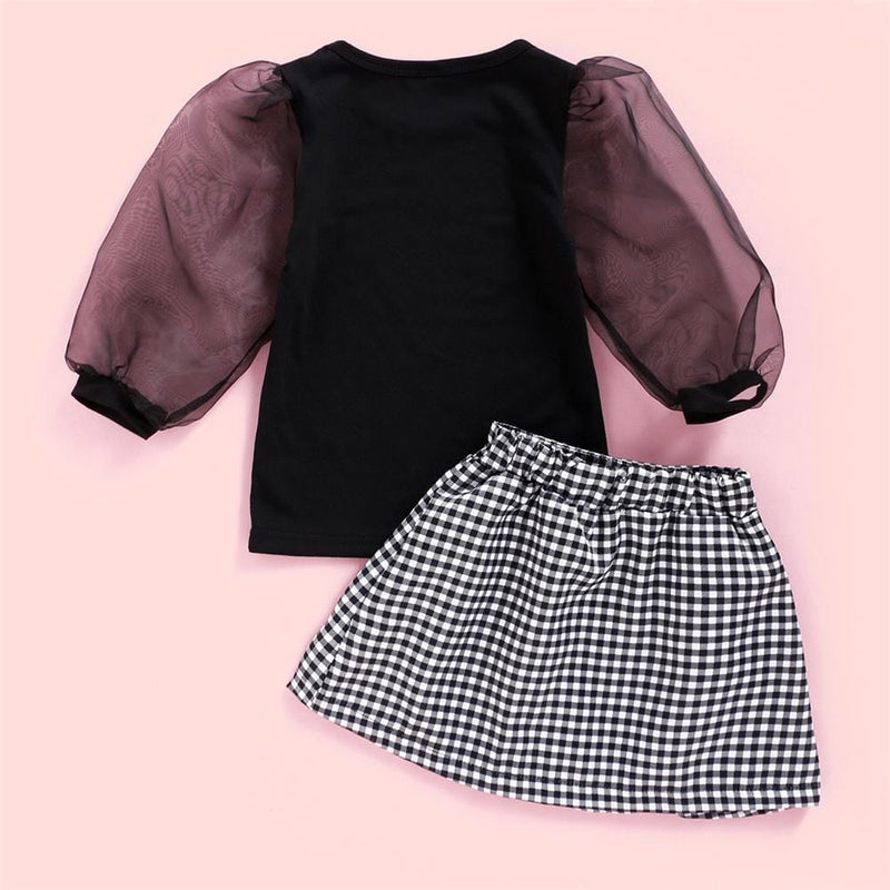 Girls Mesh Sleeve Splice Crew Neck T-shirt & Plaid Skirt Girls Clothing Wholesale - PrettyKid