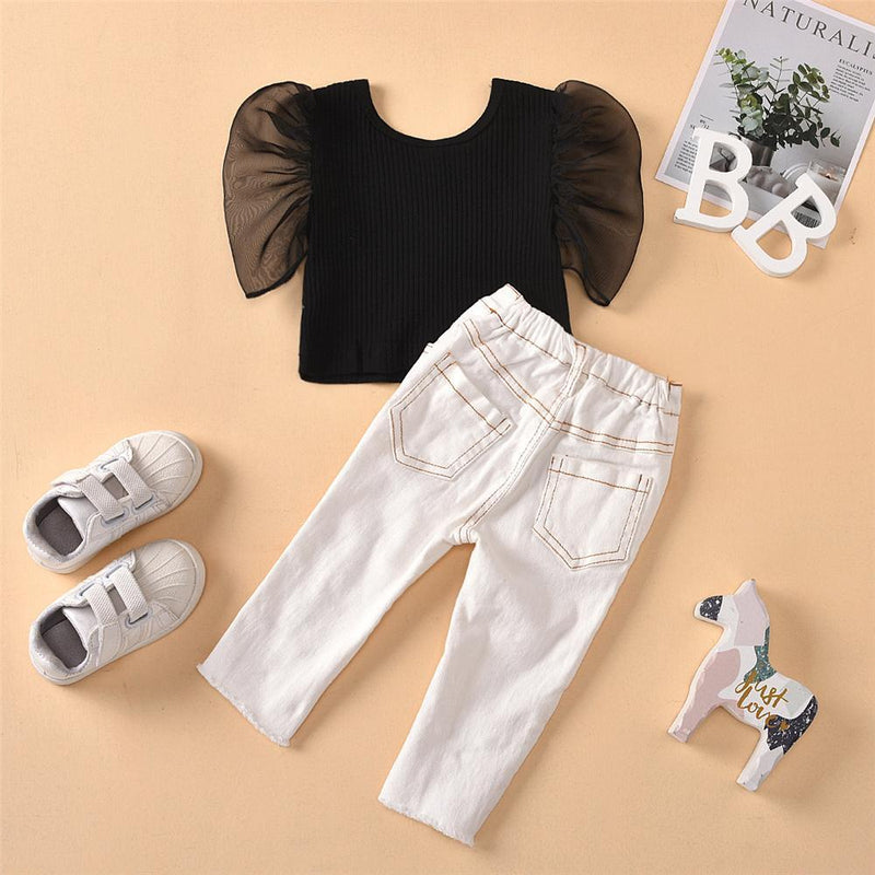 Girls Mesh Sleeve Summer Solid Top & Beaded White Jeans Wholesale Girls clothes - PrettyKid