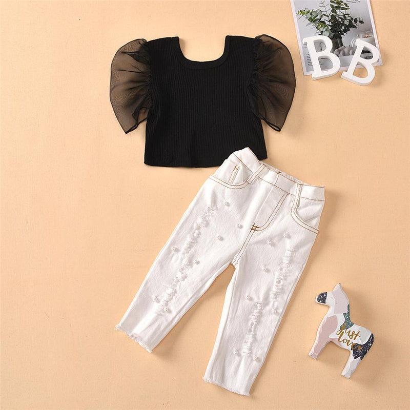 Girls Mesh Sleeve Summer Solid Top & Beaded White Jeans Wholesale Girls clothes - PrettyKid