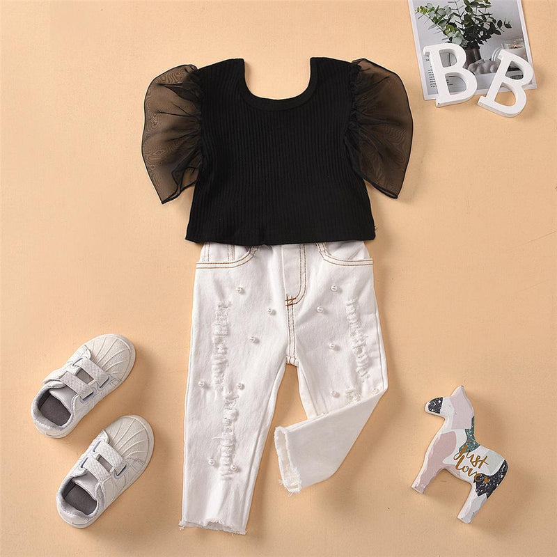 Girls Mesh Sleeve Summer Solid Top & Beaded White Jeans Wholesale Girls clothes - PrettyKid