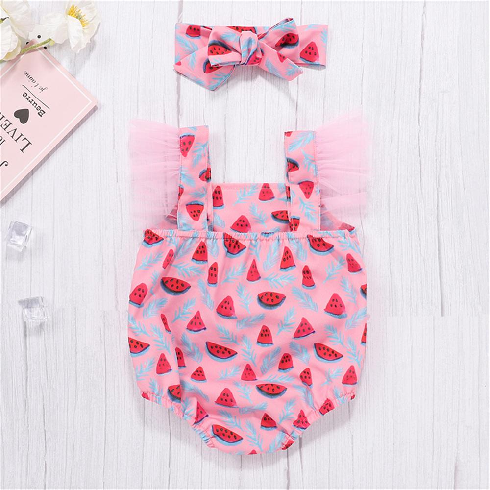 Baby Girls Mesh Watermelon Printed Romper & Headband Baby Clothes Wholesale Bulk - PrettyKid