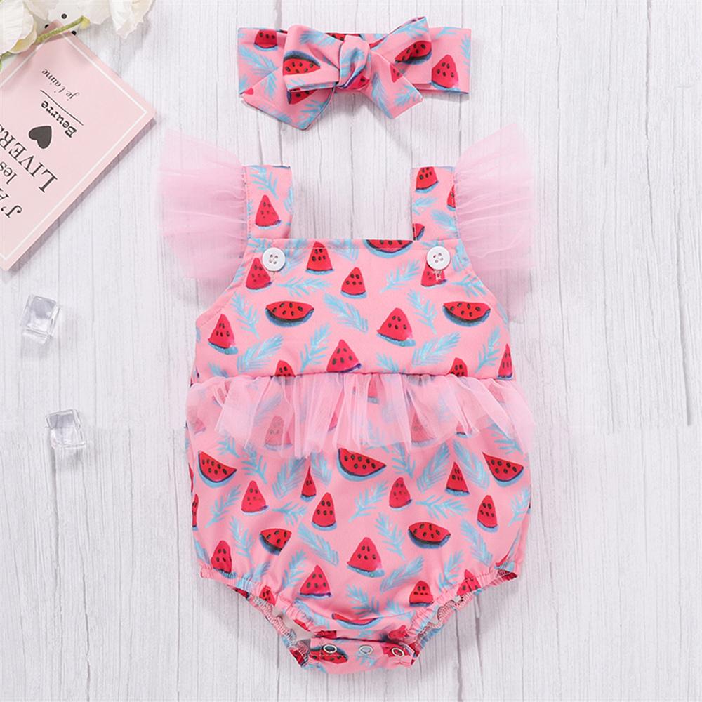 Baby Girls Mesh Watermelon Printed Romper & Headband Baby Clothes Wholesale Bulk - PrettyKid