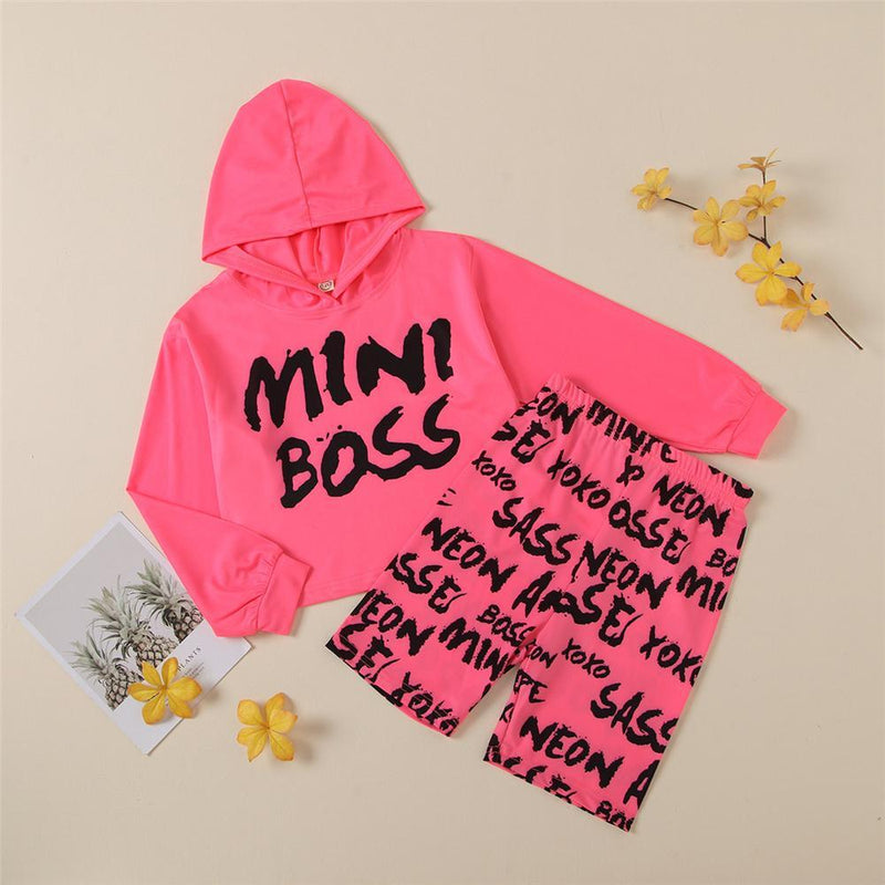 Girls Mini Boss Letter Printed Long Sleeve Hooded Top & Bottoms Girl Boutique Clothing Wholesale - PrettyKid