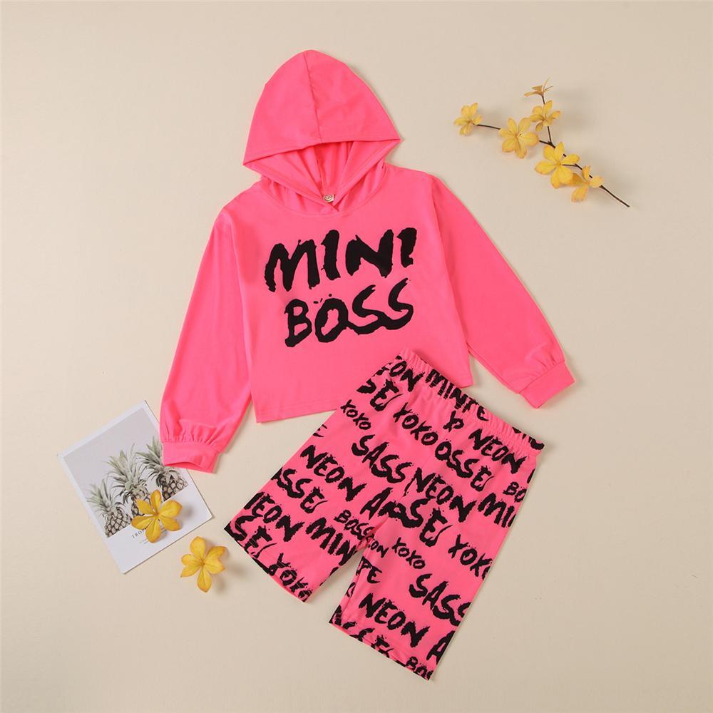 Girls Mini Boss Letter Printed Long Sleeve Hooded Top & Bottoms Girl Boutique Clothing Wholesale - PrettyKid