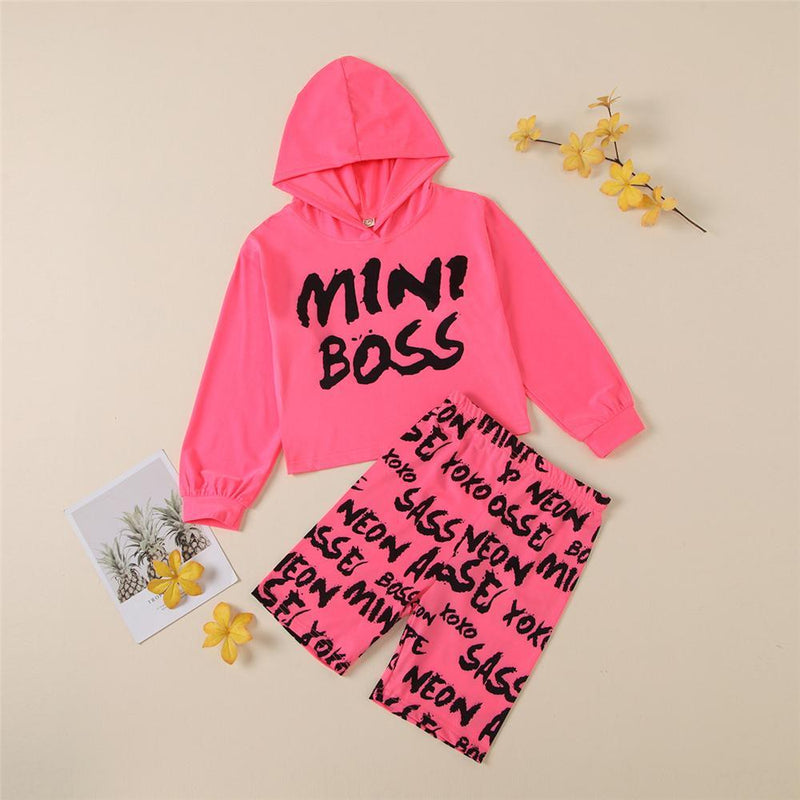 Girls Mini Boss Letter Printed Long Sleeve Hooded Top & Bottoms Girl Boutique Clothing Wholesale - PrettyKid