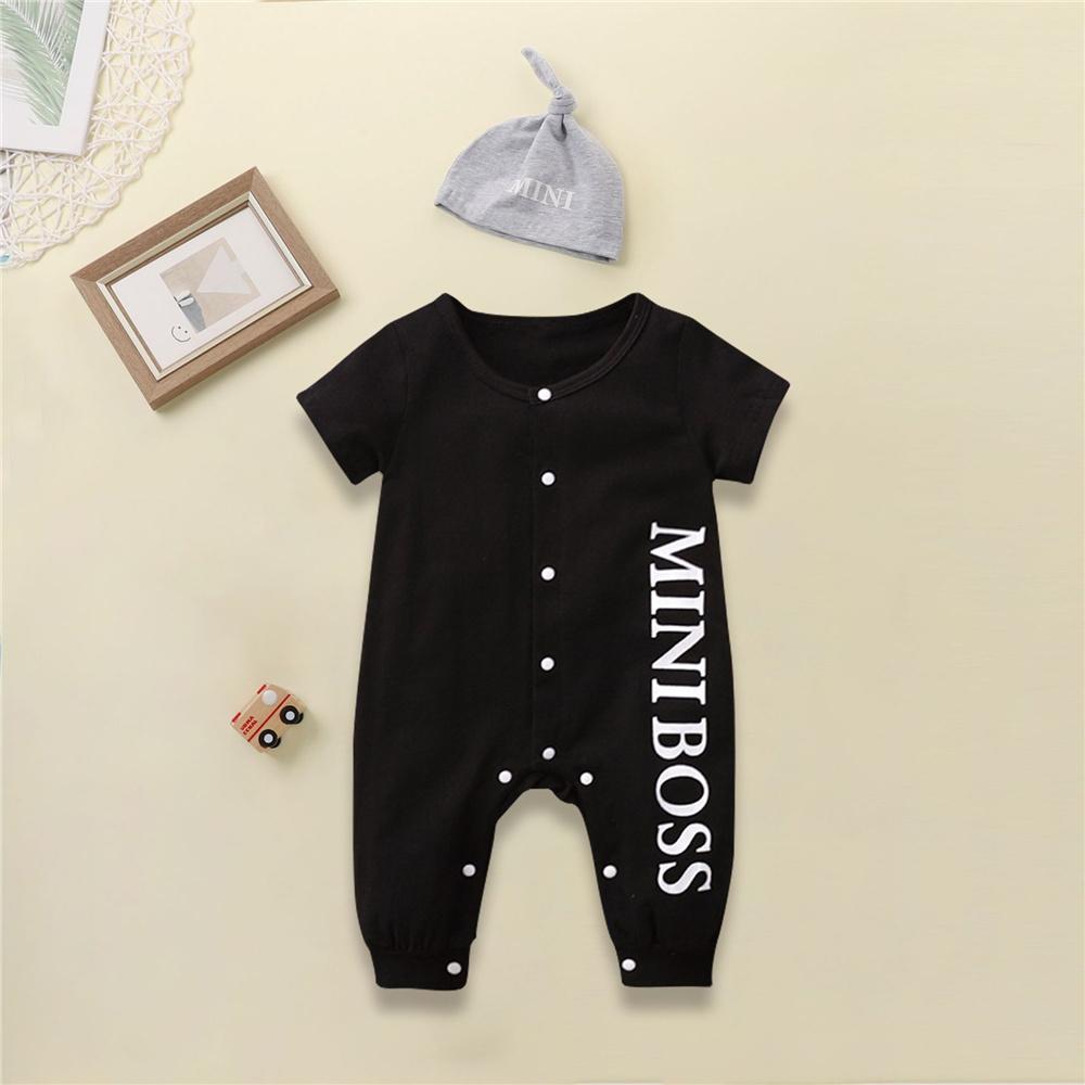 Baby Boys Mini Boss Printed Short Sleeve Button Romper & Hat Baby Clothes Wholesale Bulk - PrettyKid
