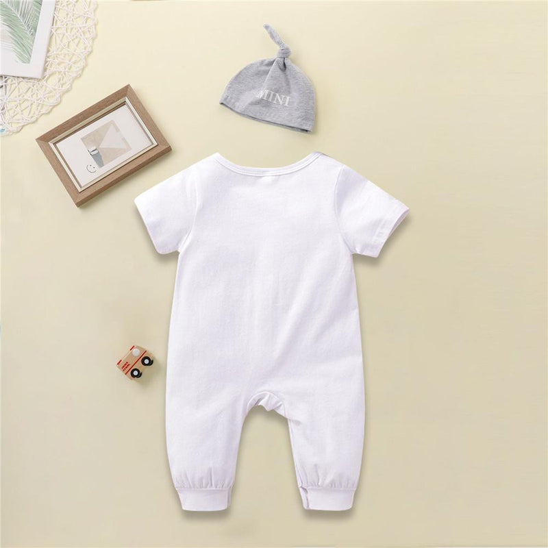 Baby Boys Mini Boss Printed Short Sleeve Button Romper & Hat Baby Clothes Wholesale Bulk - PrettyKid