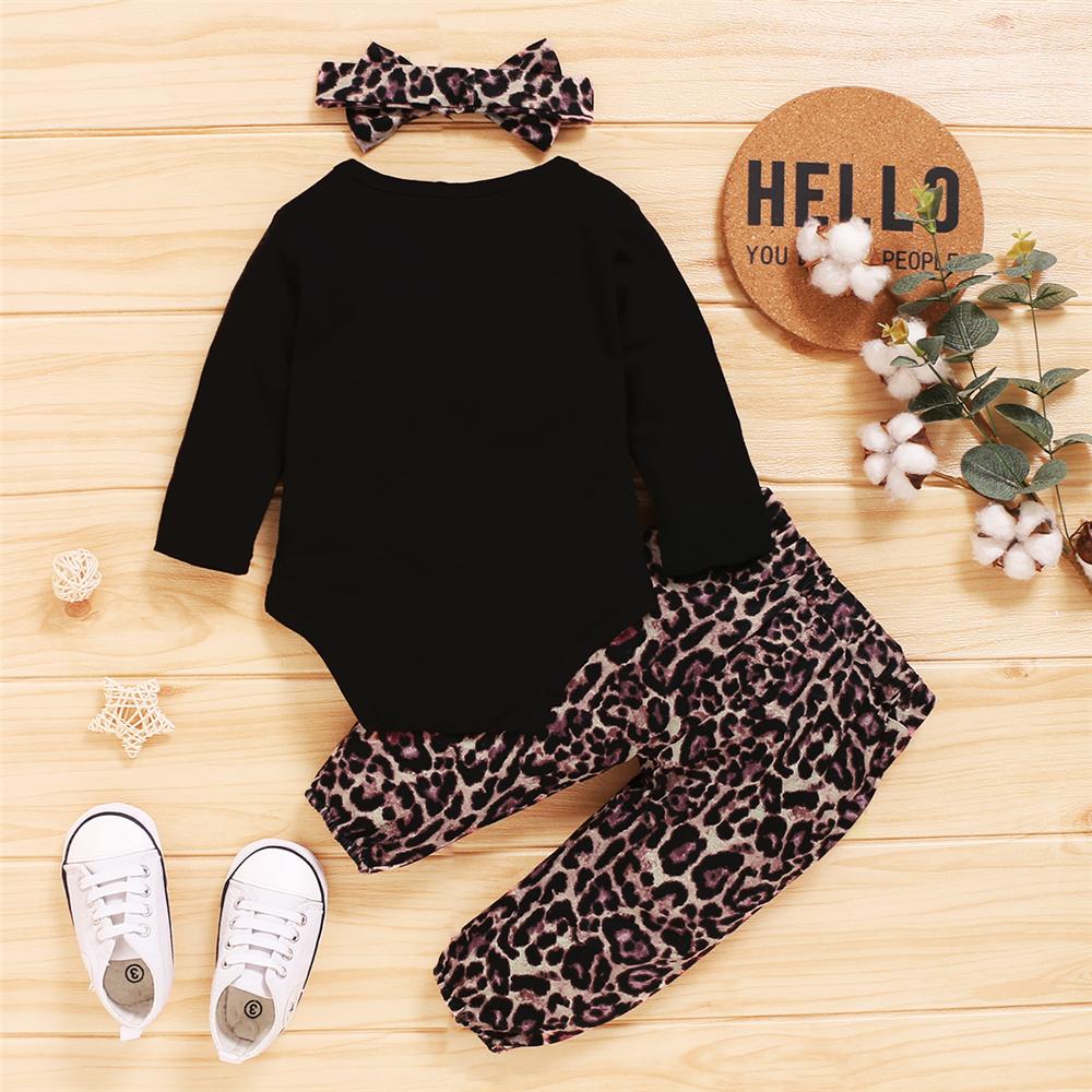 Baby Mini Letter Printed Long Sleeve Romper & Leopard Printed Pants & Headband Baby Outfits - PrettyKid