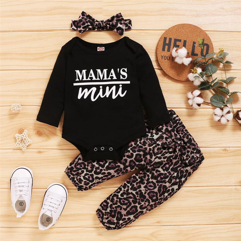 Baby Mini Letter Printed Long Sleeve Romper & Leopard Printed Pants & Headband Baby Outfits - PrettyKid