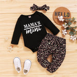 Baby Mini Letter Printed Long Sleeve Romper & Leopard Printed Pants & Headband Baby Outfits - PrettyKid