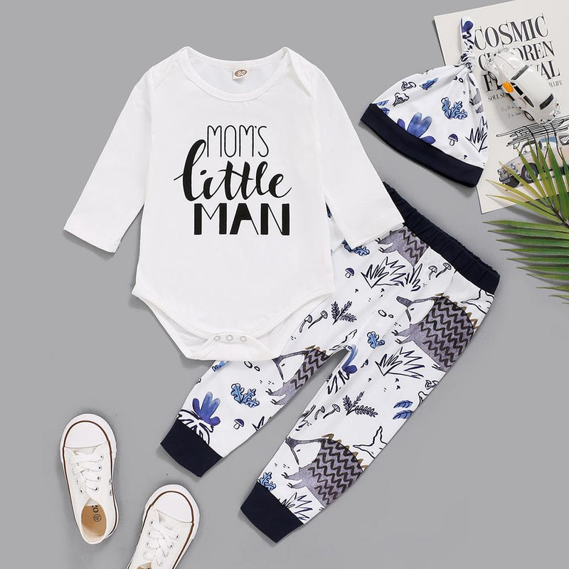 Mom's Little Man Long Sleeve Romper & Printed Pants & Hat Baby Wholesales - PrettyKid