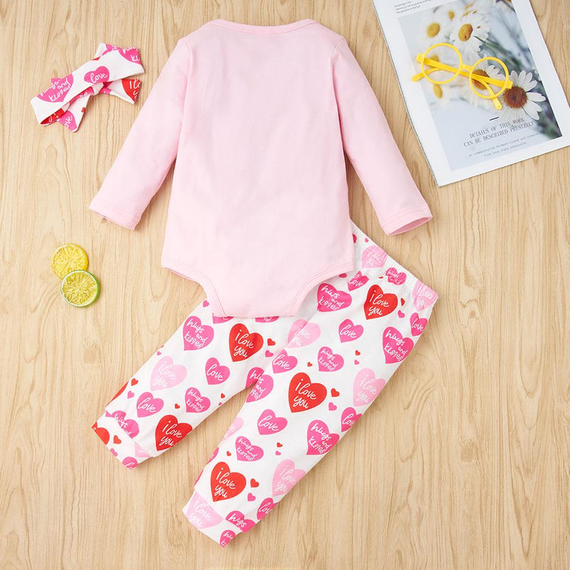 Baby Girls My First Valentine's Day Long Sleeve Romper & Pants & Headband Baby Clothing Cheap Wholesale - PrettyKid
