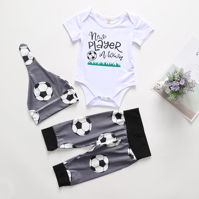 Baby Boys New Player In Tower Soccer Printed Short Sleeve Romper & Pants & Hat Wholesale Baby - PrettyKid