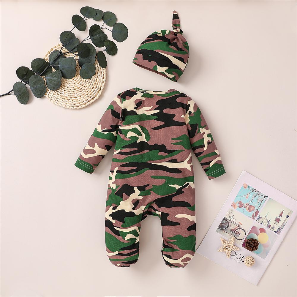 Baby Boys Newborn Camo Printed Long Sleeve Romper & Hat Baby Clothes Wholesale Suppliers - PrettyKid