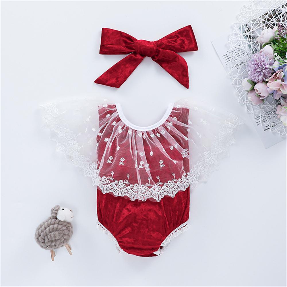 Baby Girls Newborn Sleeveless Lace Romper & Headband Cheap Boutique Baby Clothing - PrettyKid
