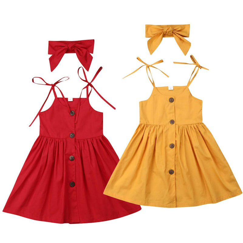 Toddler Girl Solid Color Suspender Dress & Headband - PrettyKid