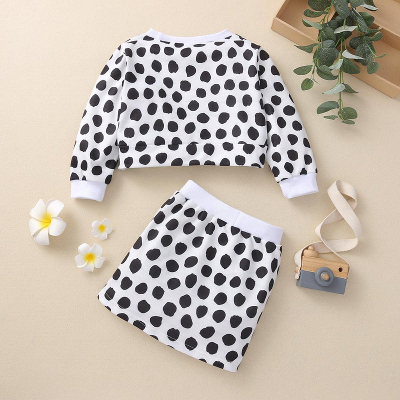 Toddler Kids Girl Dot Print Long Sleeve Round Neck Skirt Set - PrettyKid