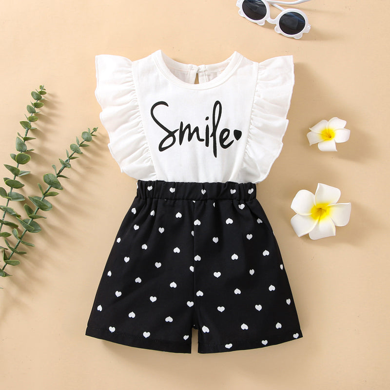 Toddler Girls Solid Letter Ruffle Sleeveless Top Love Printed Shorts Set - PrettyKid